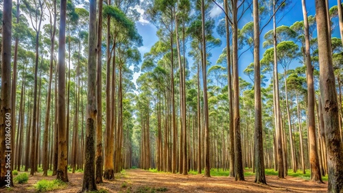 Panoram of Eucalyptus forest with Karri trees Eucalyptus diversicolor Macro photo