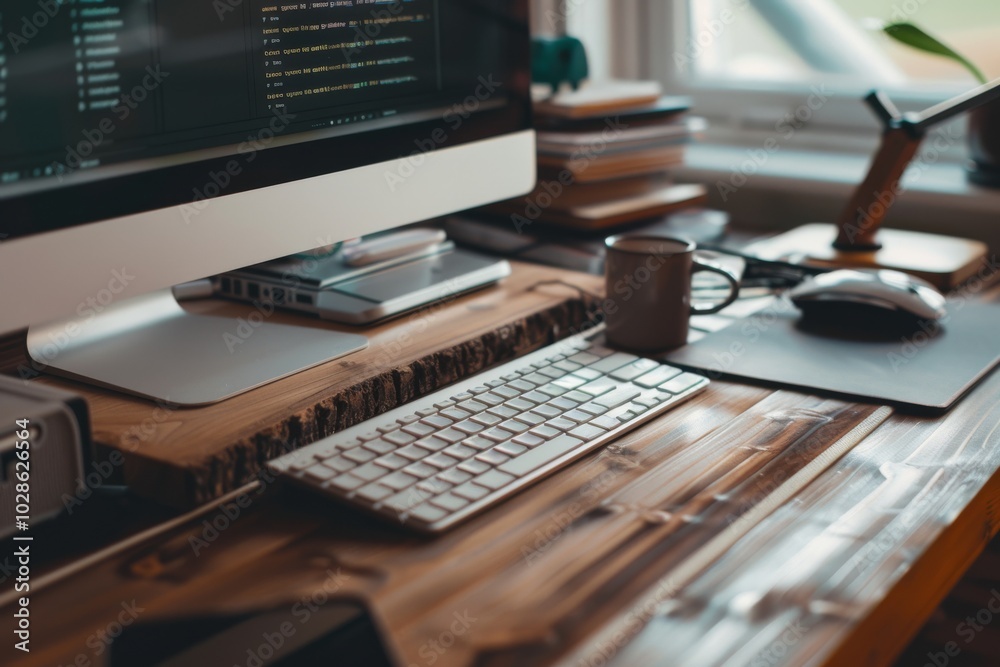A cozy workstation captures productivity, with a computer and coffee cup amidst warm wooden tones. A cozy workstation captures productivity, with a computer and coffee cup amidst warm wooden tones.