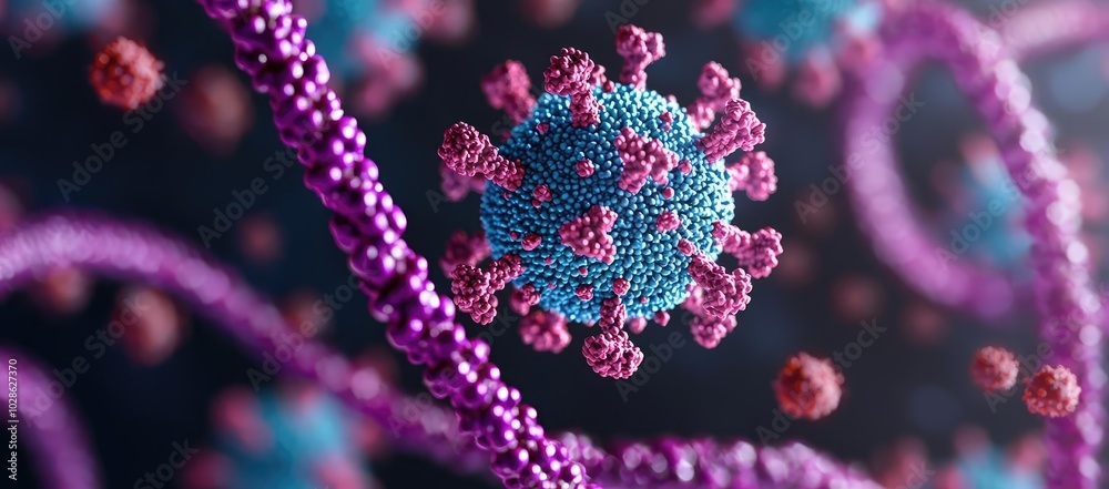 3D illustration of a virus and DNA strand on a dark background.