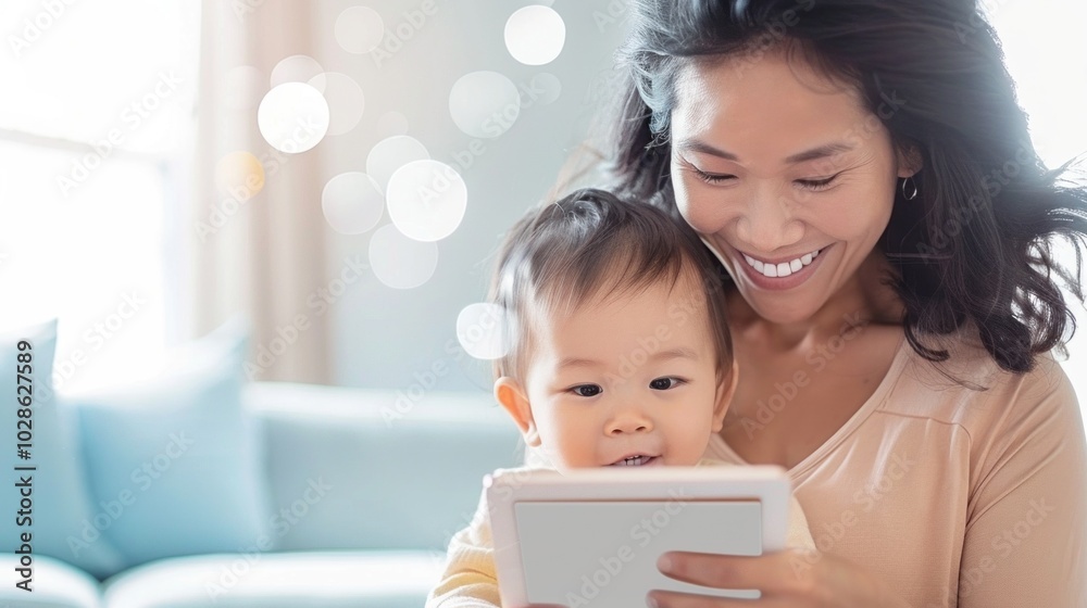 Smiling mother and baby using digital tablet in bright living room Smiling mother and baby using digital tablet in bright living room