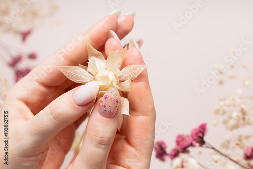 Spring manicure of woman hands with white gel polish and dried flower design. Female hands hold dried safflower flowers bleached on a beige background.