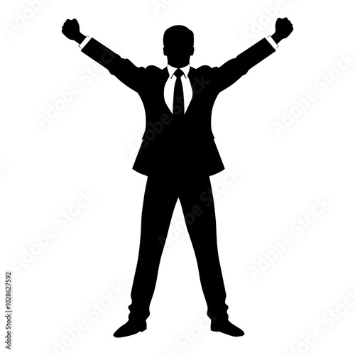 Silhouette of a businessman celebrating success with raised arms