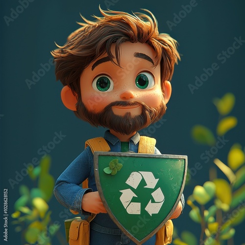 An animated eco-champion brandishing a shield emblazoned with a recycling emblem, promotes eco-friendly practices and defends our planet. photo