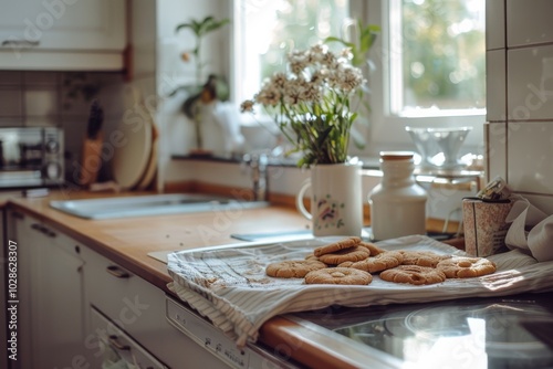 Sunlight dapples over a cozy kitchen scene, highlighting freshly baked cookies cooling by a window with a vase of wildflowers.