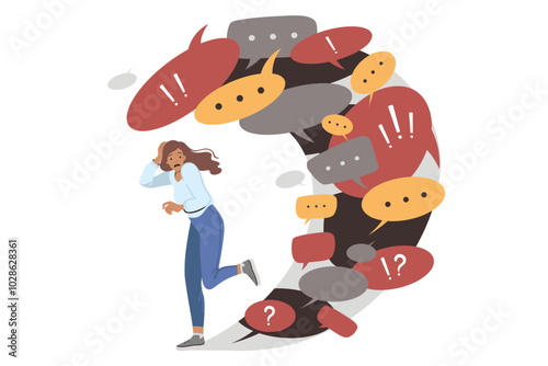 Information overload causes panic in woman fleeing wave of dialogue bubbles and conversation clouds. Girl is trying to use information detox and temporary refusal to receive correspondence