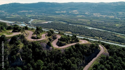 Aerial footage of the Lacets du Grand Colombier in Culoz town in the Ain department, France photo