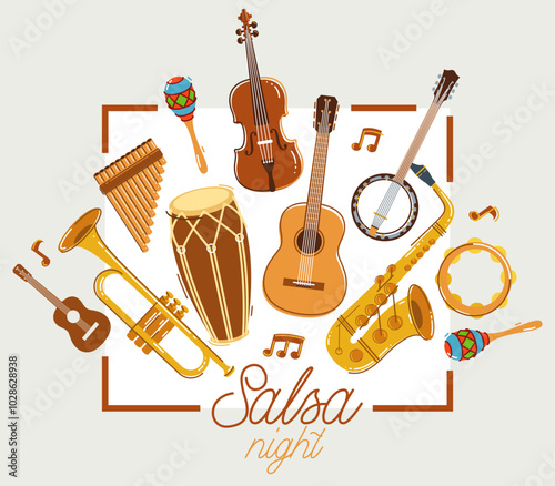 Latin music band salsa vector flat poster isolated over white background, live sound festival concert or night dancing party, Brazil or Cuban musical fiesta theme advertising flyer or banner.