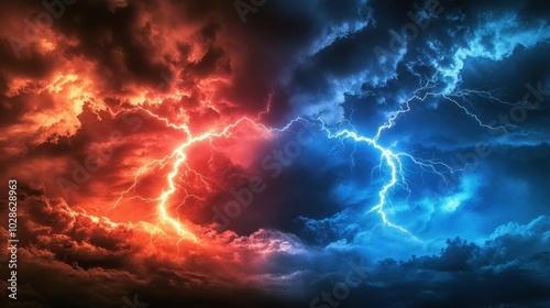 Intense battle between red and blue lightning bolts clashing in a stormy sky, energy and power crackling through the air in an epic fight