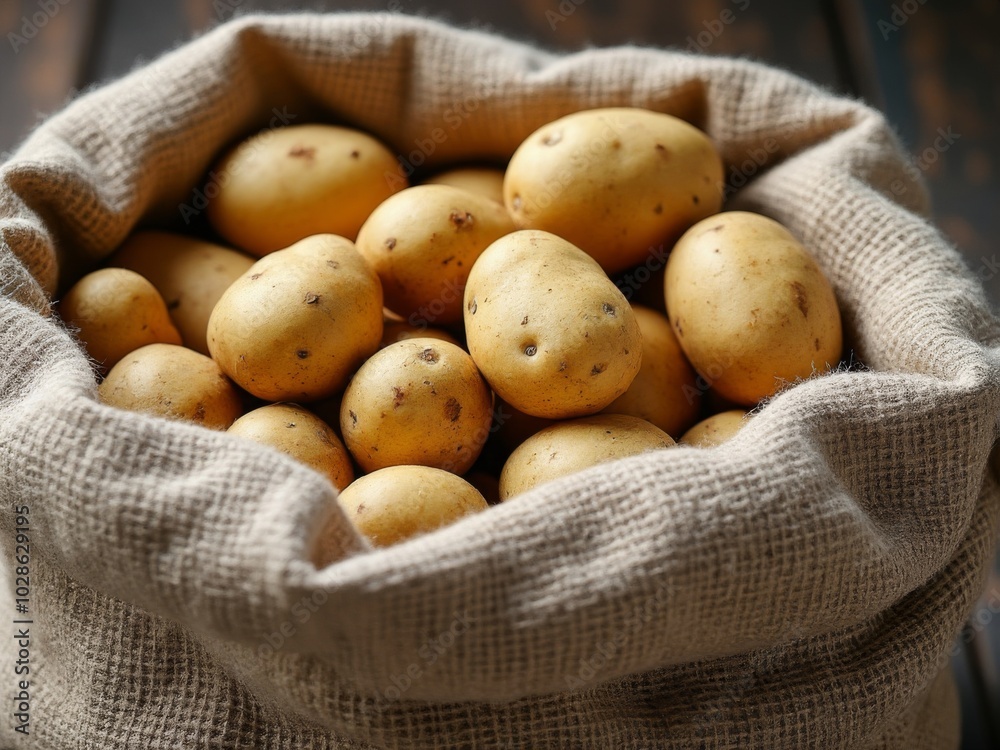 Burlap sack filled with fresh, unwashed potatoes, highlighting organic farm produce for agricultural and culinary use, photographed in natural lighting Burlap sack filled with fresh, unwashed potatoes, highlighting organic farm produce for agricultural and culinary use, photographed in natural lighting