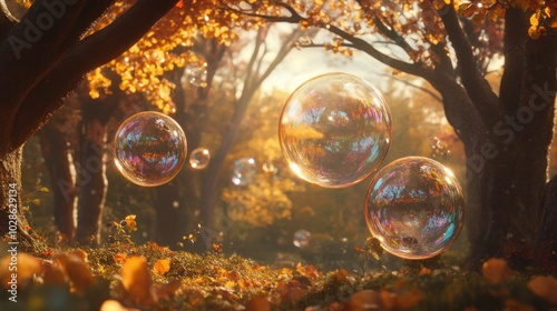 Iridescent soap bubbles hover among trees in a forest, reflecting sunlight and leaves as they float through the peaceful scene.