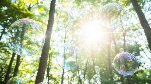 Iridescent soap bubbles hover among trees in a forest, reflecting sunlight and leaves as they float through the peaceful scene.