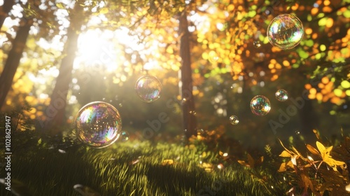 Iridescent soap bubbles hover among trees in a forest, reflecting sunlight and leaves as they float through the peaceful scene.