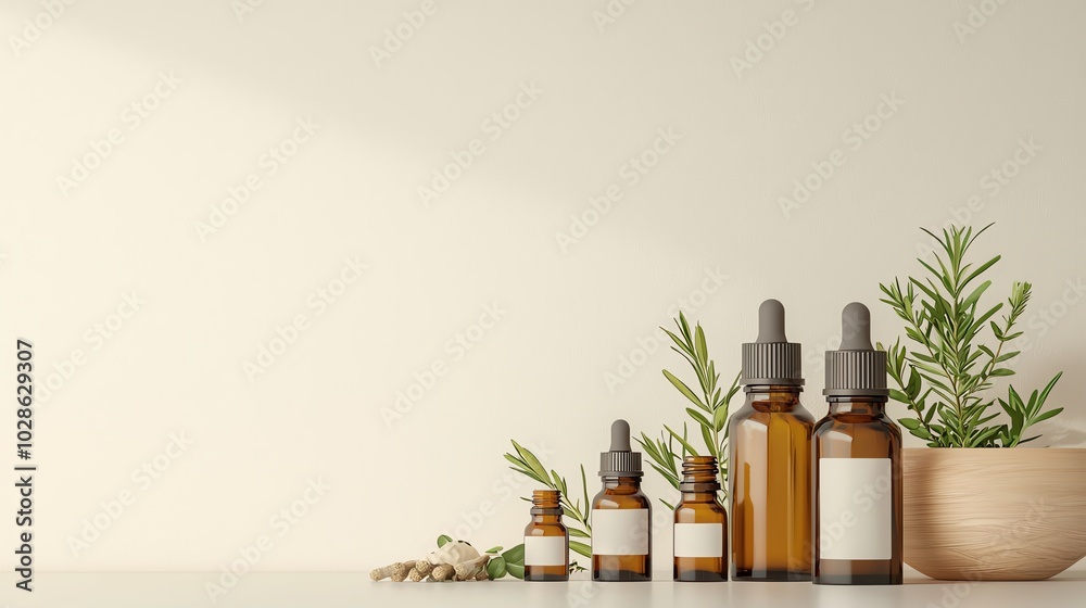 Essential oil bottles with herbs on a neutral background, minimalistic design Essential oil bottles with herbs on a neutral background, minimalistic design