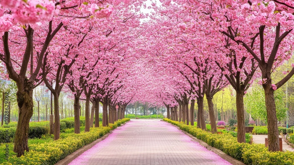 Pink Cherry Blossom Pathway in Springtime Beauty Pink Cherry Blossom Pathway in Springtime Beauty