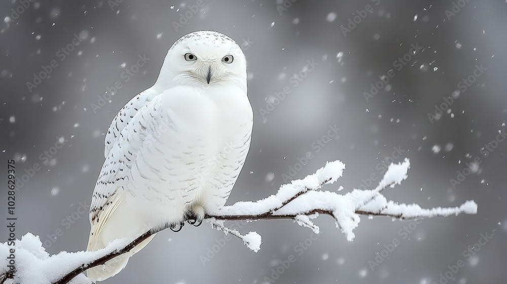 a white owl on a branch in the snowy weather a white owl on a branch in the snowy weather