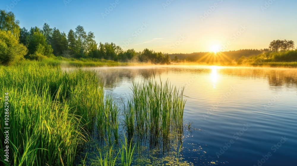 Serene Sunrise over Calm Lake with Lush Greenery Serene Sunrise over Calm Lake with Lush Greenery