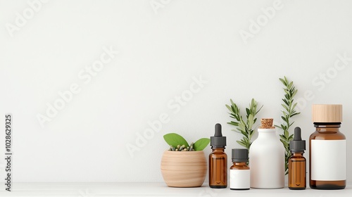 Various essential oils and plants arranged on a neutral background