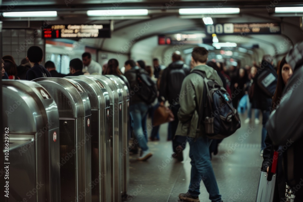 Commuters stream through a busy subway station, capturing the essence of urban hustle and routine. Commuters stream through a busy subway station, capturing the essence of urban hustle and routine.