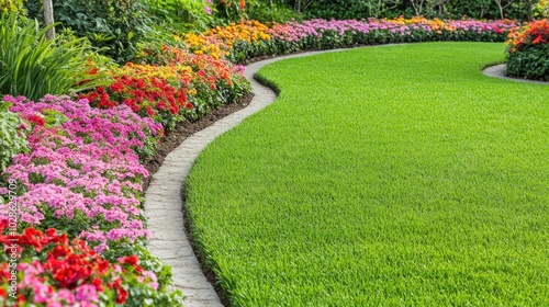 Beautiful Curved Garden with Vibrant Flowers and Grass