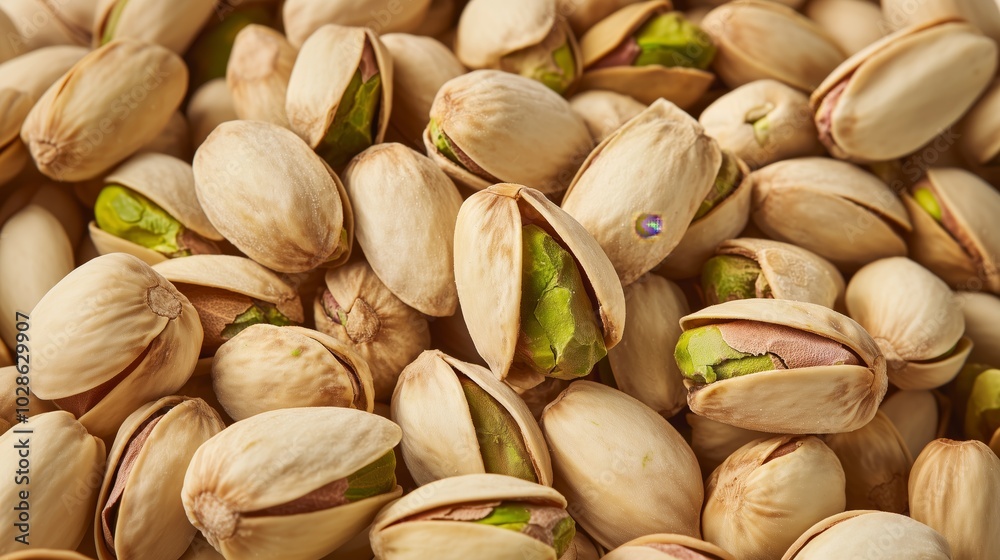 Close-Up of Pile of Pistachio Nuts in Shells, Slightly Open to Reveal Green Nuts Inside, with Rough Natural Texture and Detailed Focus Close-Up of Pile of Pistachio Nuts in Shells, Slightly Open to Reveal Green Nuts Inside, with Rough Natural Texture and Detailed Focus