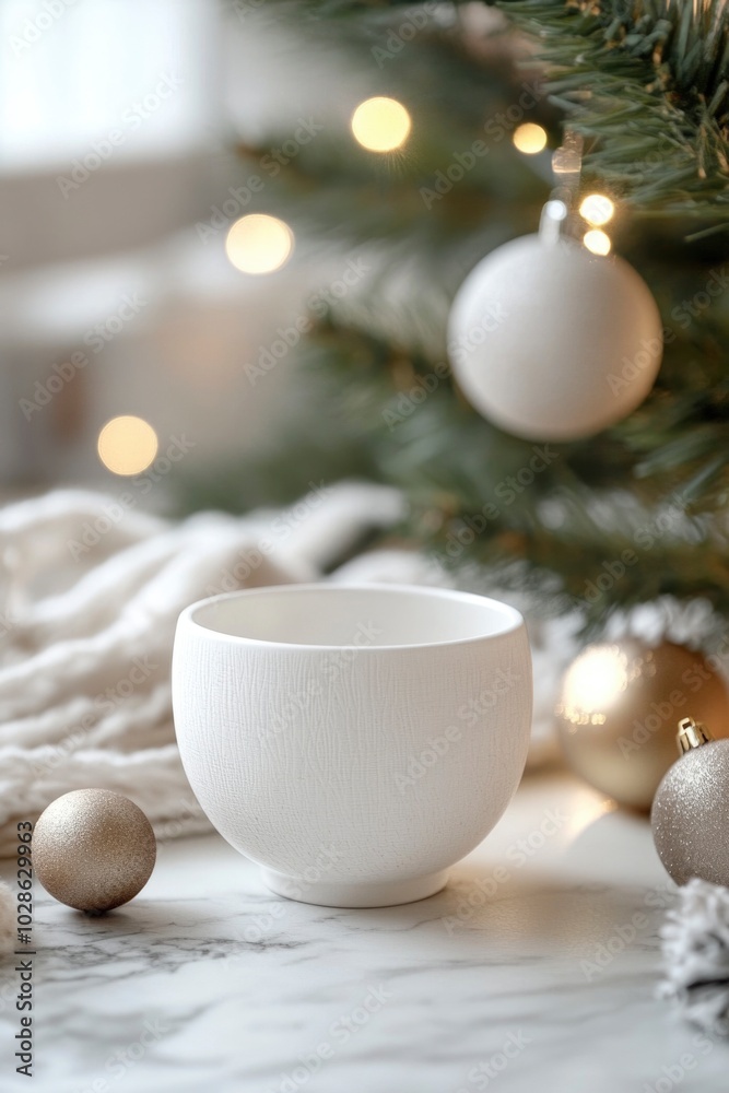 white cup mockup on christmas background. ai generated