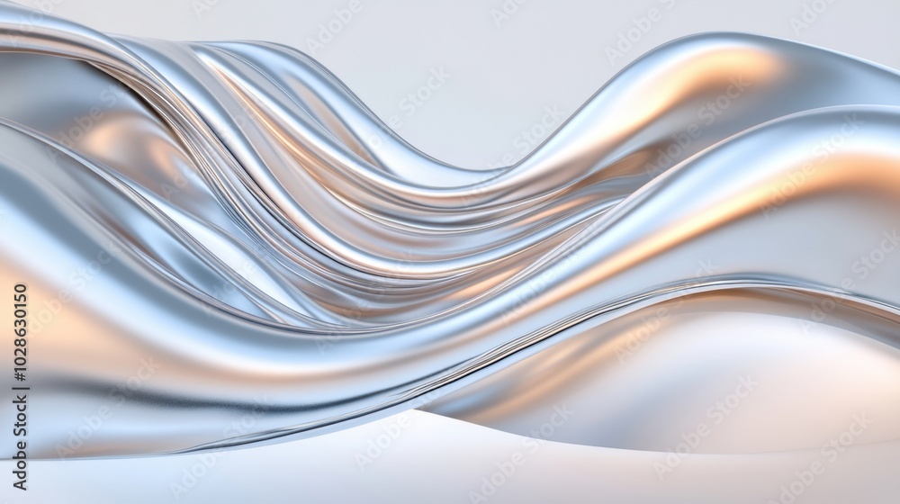 Obraz premium Abstract silver metallic waves in fluid motion, creating a sleek and futuristic design with smooth curves and soft reflections.