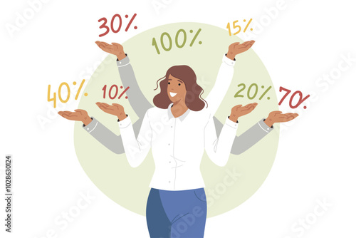 Sale and discounts were announced by multi-armed woman showing numbers symbolizing reduction in prices for goods. Girl offers discounts or recommends investing money with great rewards