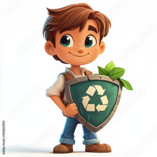 An animated eco-champion brandishing a shield emblazoned with a recycling emblem, promotes eco-friendly practices and defends our planet. photo