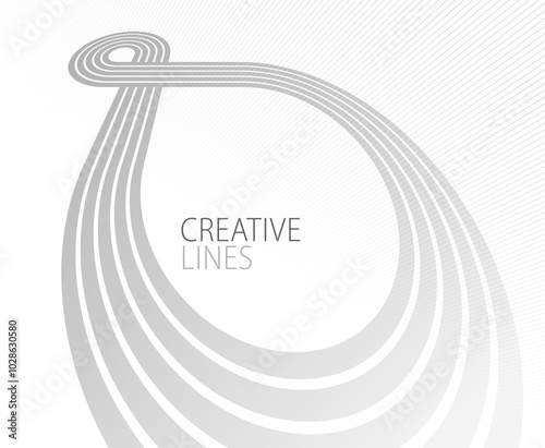 Lines in perspective vector abstract background in light grey and white monochrome, 3D dimensional stripes with smooth gradient and wavy motion.
