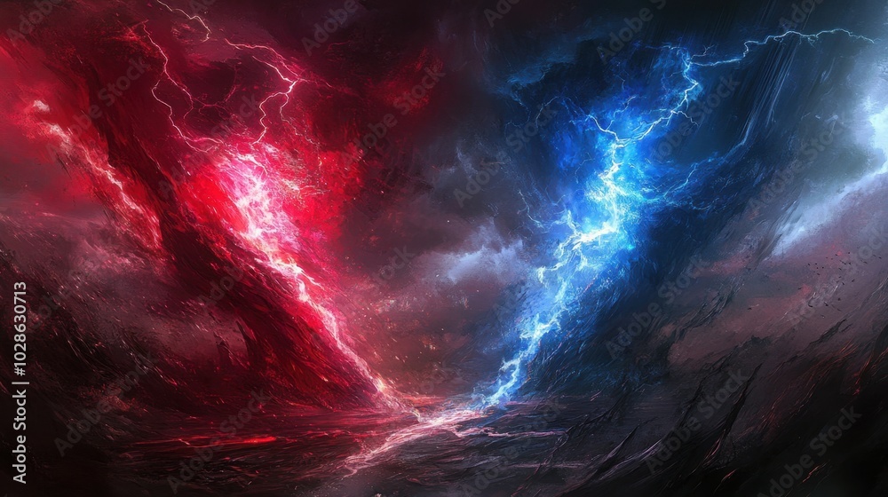 Red and blue lightning clash in the sky, electrifying energy and power as they collide in a fierce, stormy battle