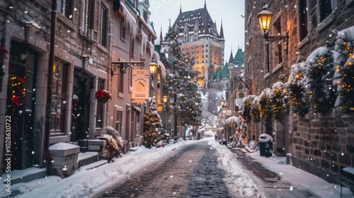 Snow-Covered Street with Christmas Lights and a View of a Chateau in the Distance
