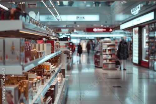 A well-stocked cosmetics aisle in a department store, bustling with shoppers exploring a variety of beauty products.