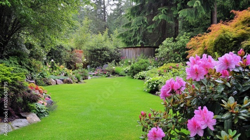 Lush Green Garden with Vibrant Flowers