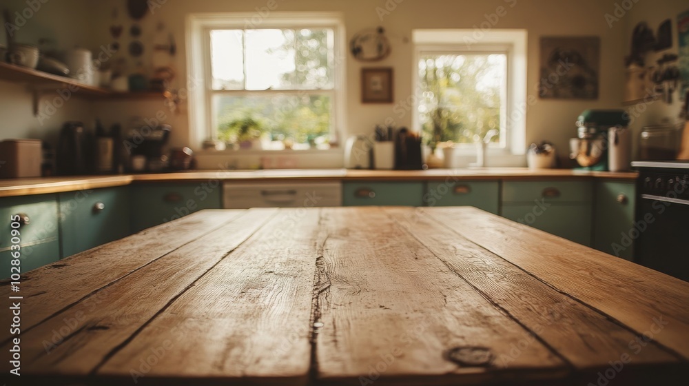 A rustic wooden table set against a soft-focus kitchen backdrop, evoking a cozy home atmosphere A rustic wooden table set against a soft-focus kitchen backdrop, evoking a cozy home atmosphere