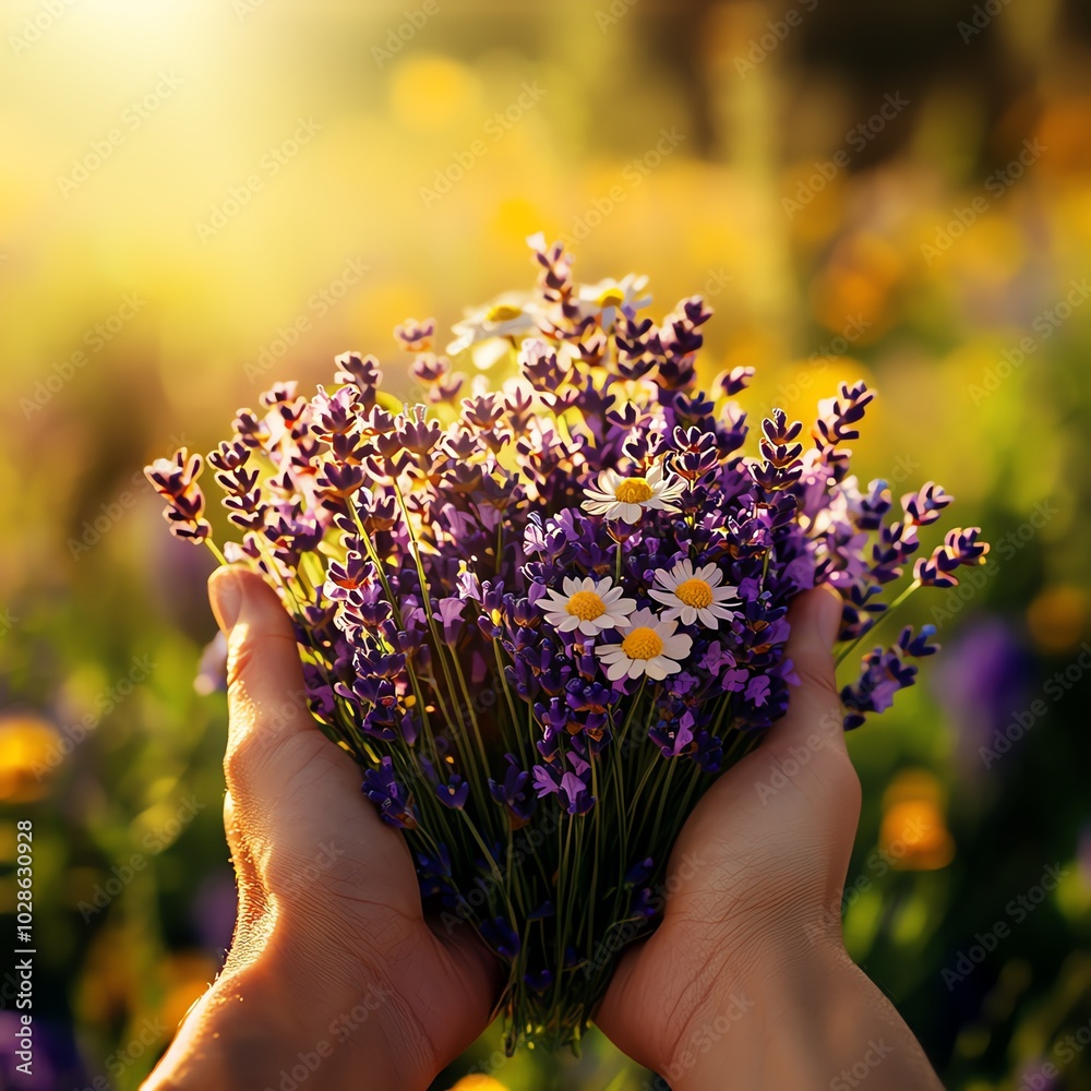 Hands holding a vibrant bouquet of wildflowers in natural sunlight. Hands holding a vibrant bouquet of wildflowers in natural sunlight.