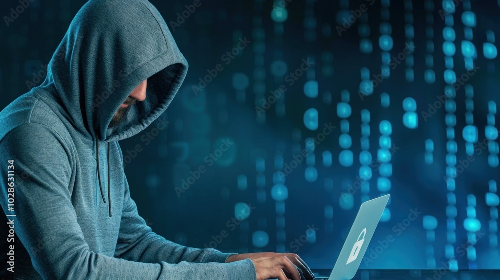 Hacker in hoodie typing on laptop with digital binary background Hacker in hoodie typing on laptop with digital binary background