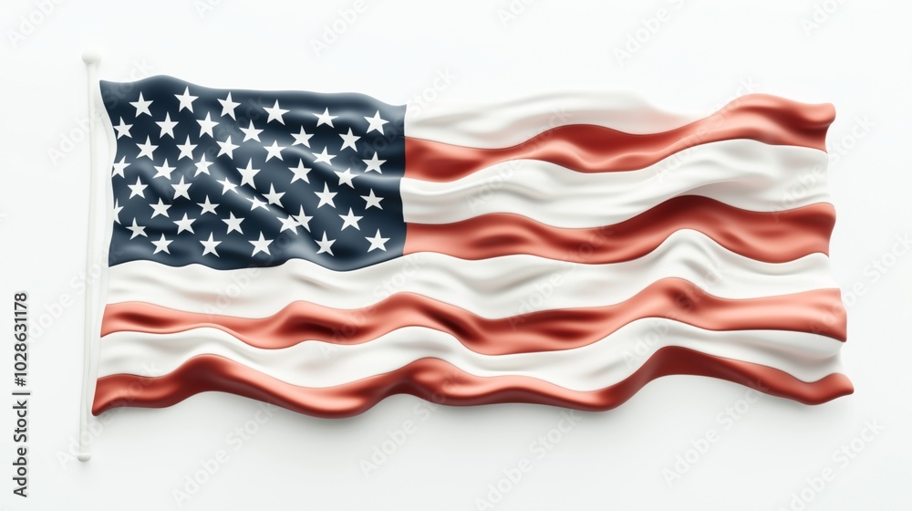 Fototapeta premium Rippled flag with stars and stripes design in red, white, and blue colors, symbolizing a national identity with a dynamic and flowing appearance on a light background.