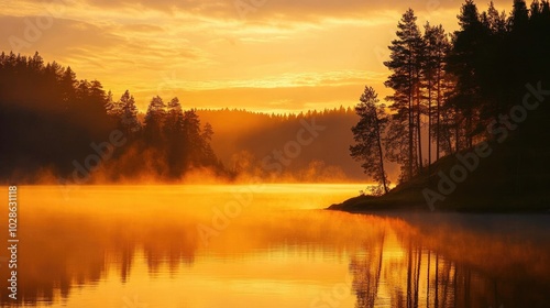 Serene Sunset Over Tranquil Lake with Misty Reflections