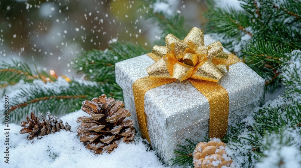 Glittery Christmas Gift Box with Gold Bow Glittery Christmas Gift Box with Gold Bow