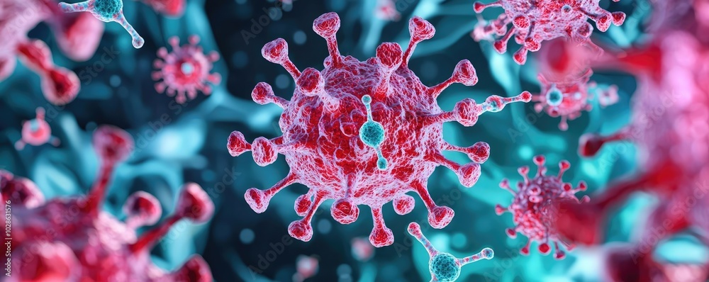 Colorful virus particles on a dark background, showing intricate details and textures. Colorful virus particles on a dark background, showing intricate details and textures.