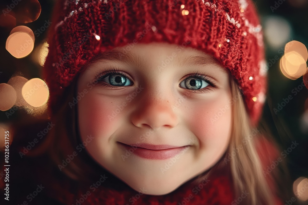 Close-up of a smiling child in a winter outfit, with selective focus Close-up of a smiling child in a winter outfit, with selective focus