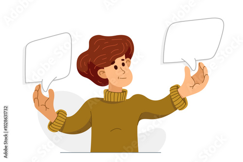 Young man choosing between two options, vector illustration of a person with two empty speech bubbles for you to put in your words or images.