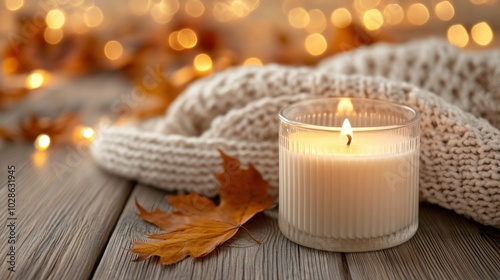 Scented candle flickers warmly on a wooden table, cozy knit blanket and soft bokeh lights casting a serene autumn glow