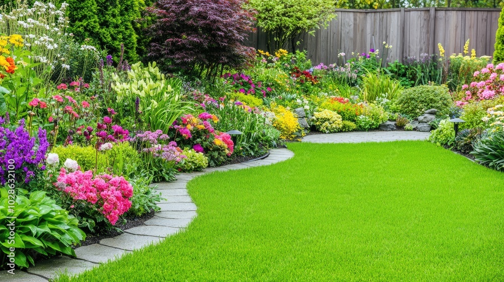 Naklejka premium Vibrant Garden Landscape with Colorful Flowers and Lawn