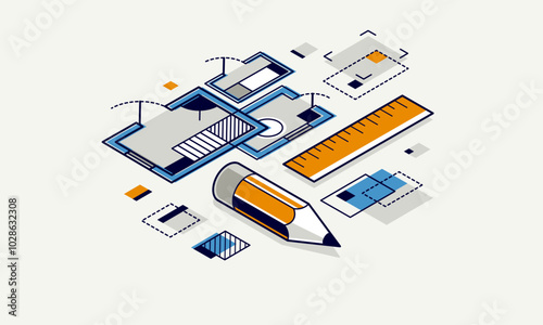 Engineer at work concept, engineering job, paper document blueprint engineering vector 3D isometric illustration, abstract draft drawing, cad technical plan.