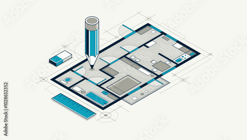 Flat plan drawing with pencil, floorplan residential house or apartment blueprint, 3D isometric vector illustration, interior design project top view.