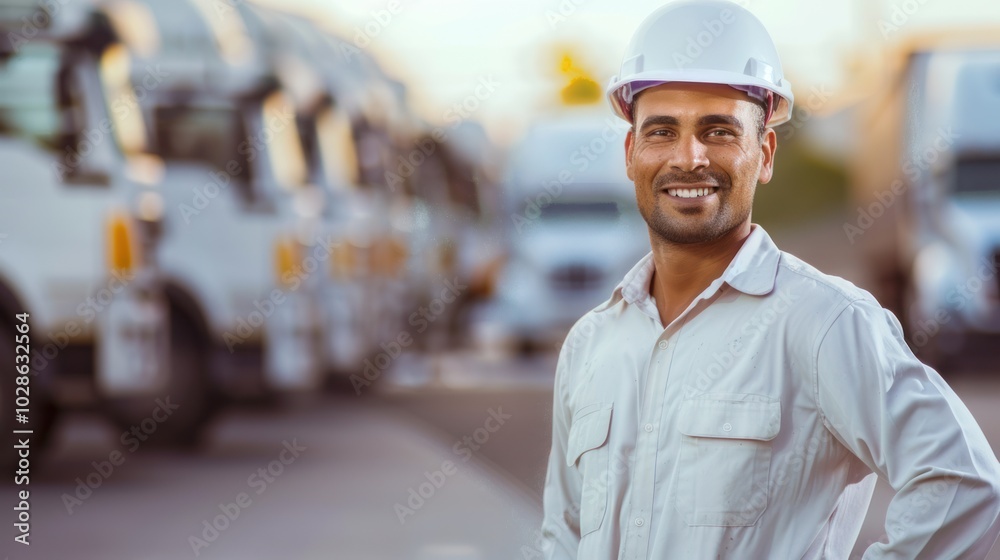 Smiling construction worker wearing a white hardhat in front of trucks Smiling construction worker wearing a white hardhat in front of trucks