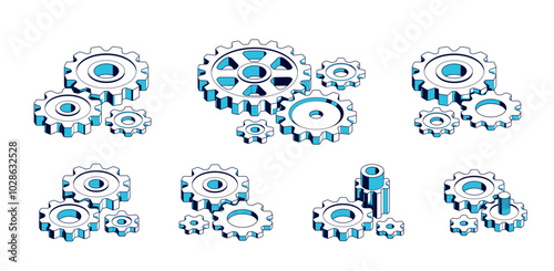 Mechanical engineering concept set, gears and cogs composition isometric 3D vector illustration, cogwheels system technology and technics machinery engine.