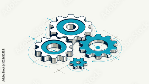 Mechanical engineering concept, gears and cogs with project drawing draft isometric 3D vector illustration, cogwheels system technology and technics machinery engine.