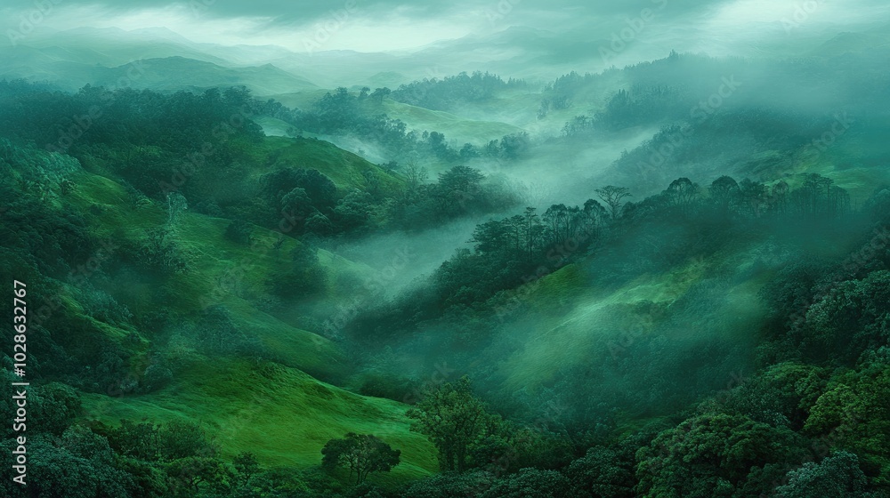 Serene Misty Green Landscape in Nature Serene Misty Green Landscape in Nature